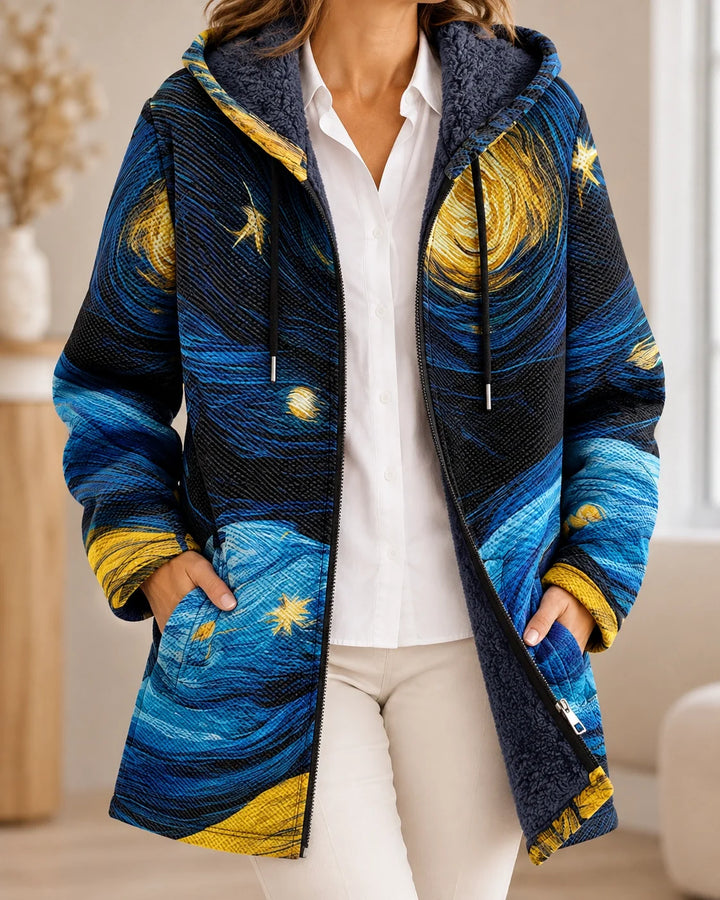Fletcher | Cardigan à capuche artistique – Imprimé Marine & Or – photo portée 01