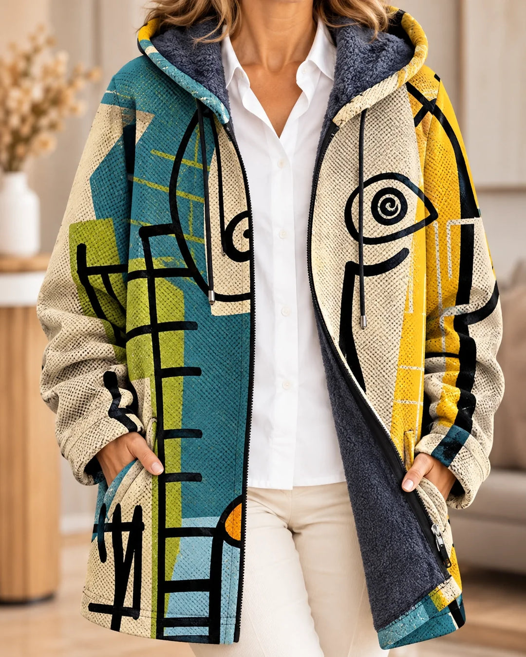 Gareth | Cardigan à capuche artistique – Imprimé Crème – photo portée 01