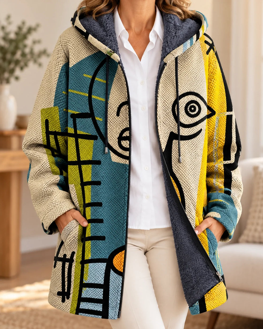 Gareth | Cardigan à capuche artistique – Imprimé Crème – photo portée 02