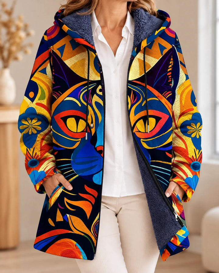 Griffin | Cardigan à capuche artistique – Motif de chat coloré – photo portée 01