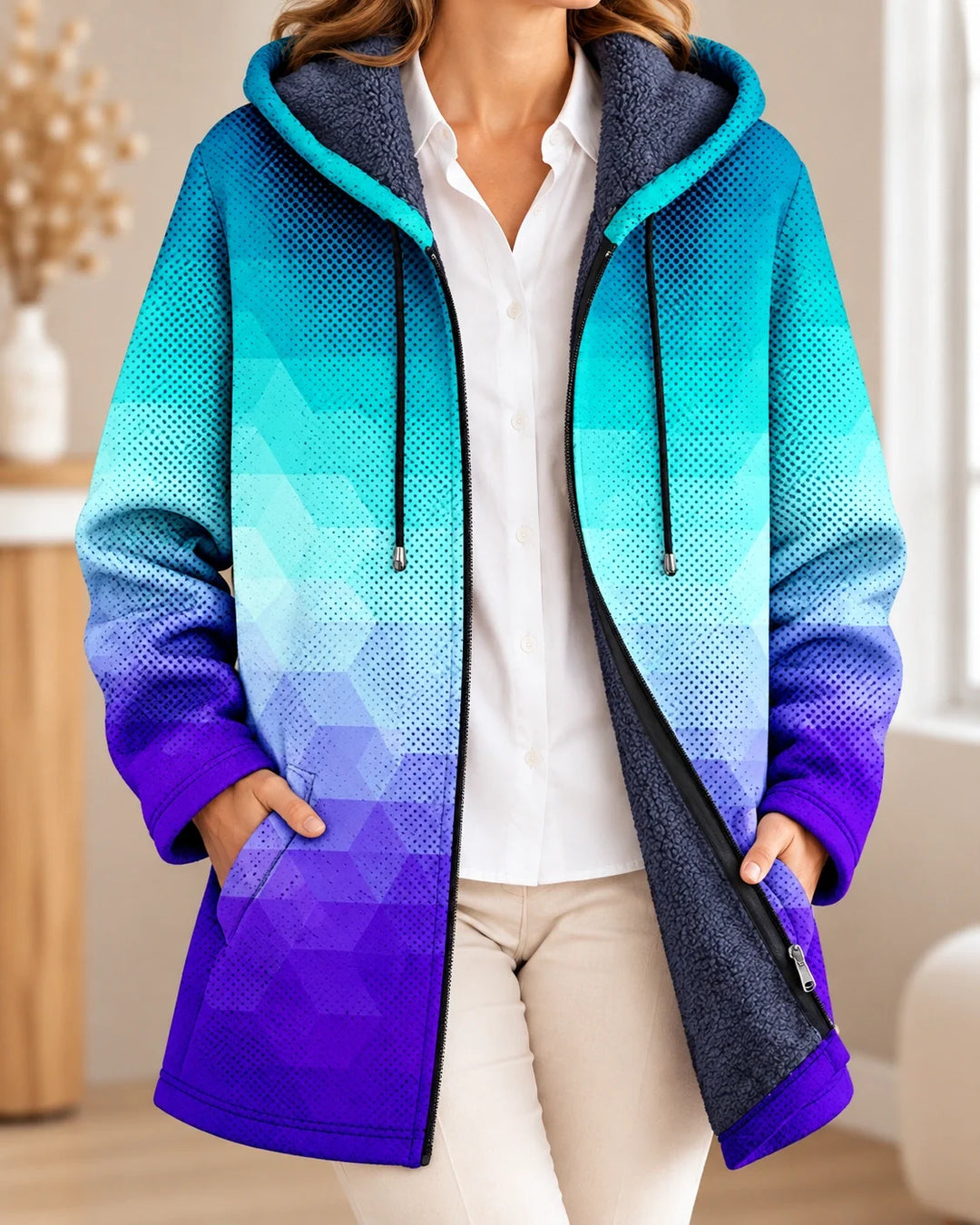 Ingrid | Cardigan à capuche artistique – Turquoise & Violet – photo portée 01