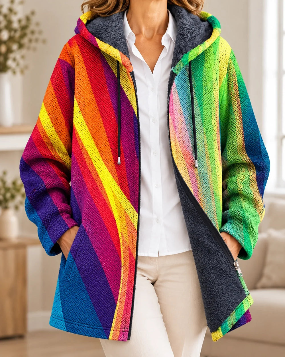 Rosalind | Cardigan à capuche artistique – Multi-Couleur Vert – photo portée 01