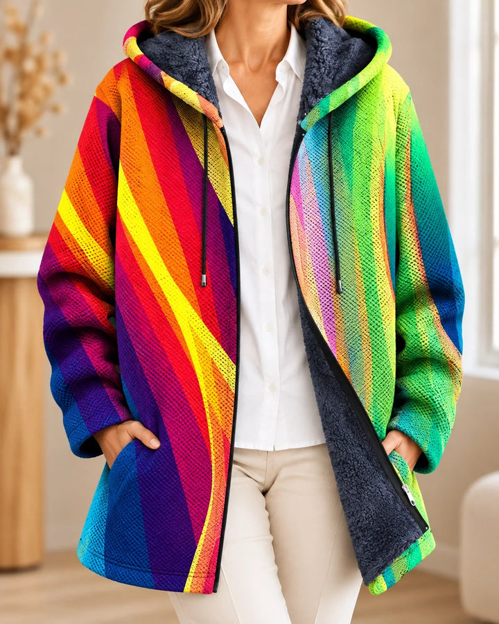 Malcolm | Cardigan à capuche artistique – Arc-en-ciel – photo portée 02