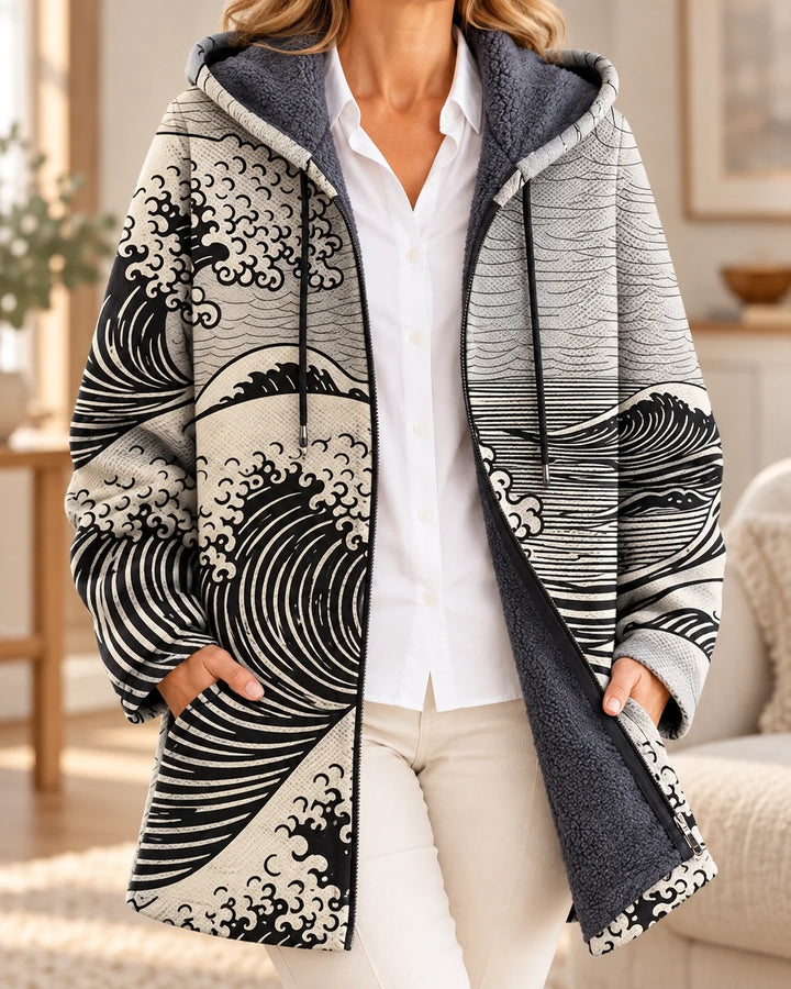 Margot | Cardigan à capuche artistique – Gris – photo portée 01