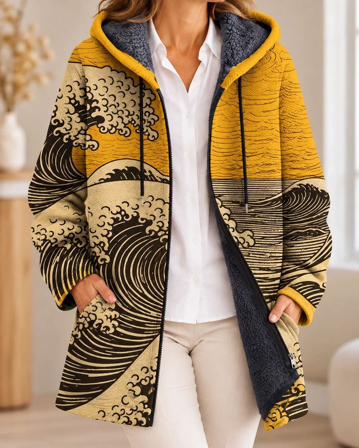 Margot | Cardigan à capuche artistique – Jaune – photo portée 01