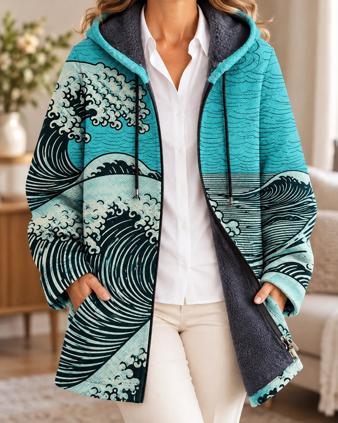 Margot | Cardigan à capuche artistique – Bleu – photo portée 01