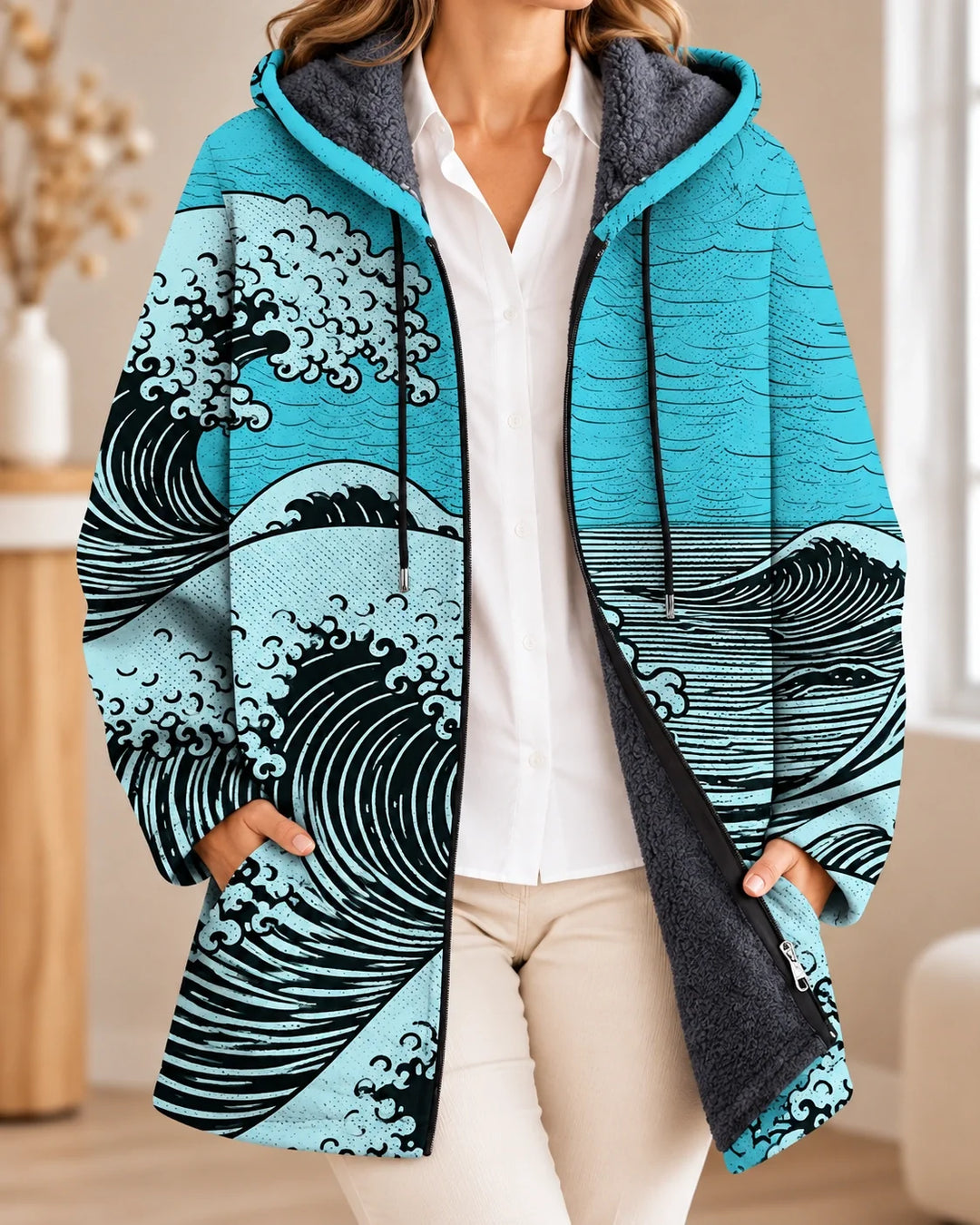 Margot | Cardigan à capuche artistique – Bleu – photo portée 02