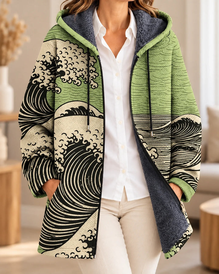 Margot | Cardigan à capuche artistique – Vert – photo portée 01