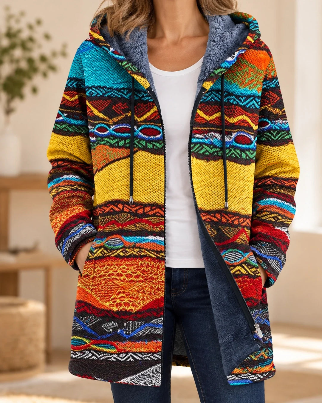Rosalind | Cardigan à capuche artistique – Rétro – photo portée 01