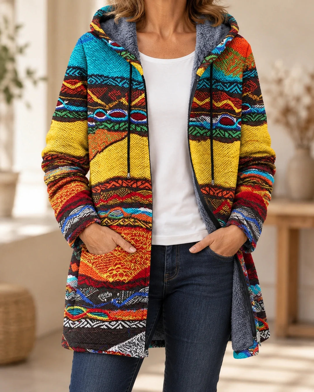 Delia | Cardigan à capuche artistique – Rétro – photo portée 02
