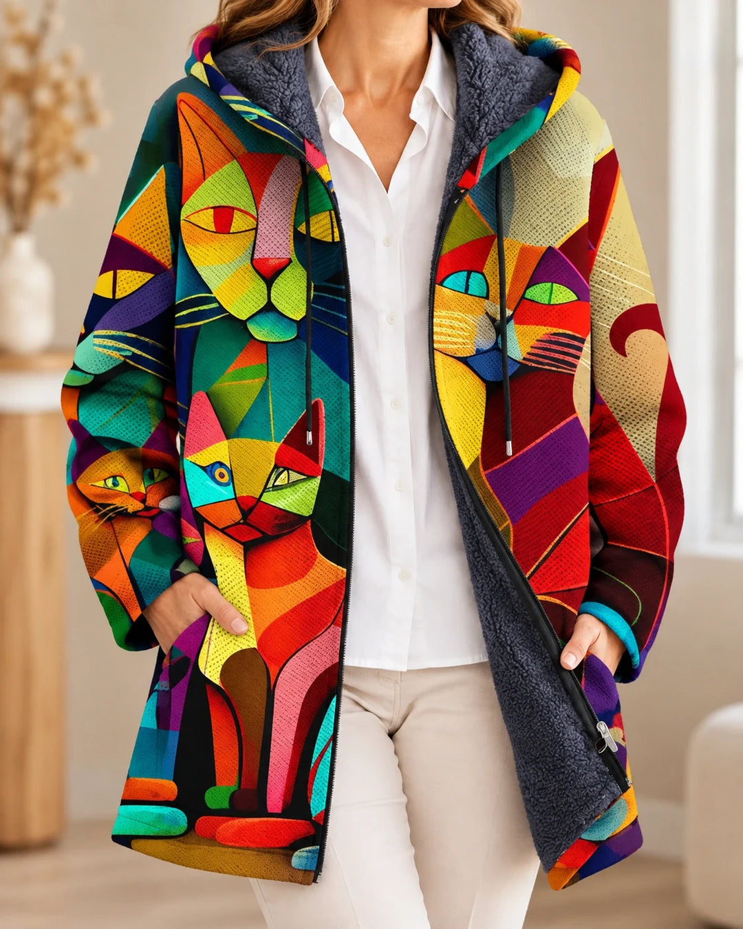 Rafferty | Cardigan à capuche artistique – Multicolore avec des chats – photo portée 01