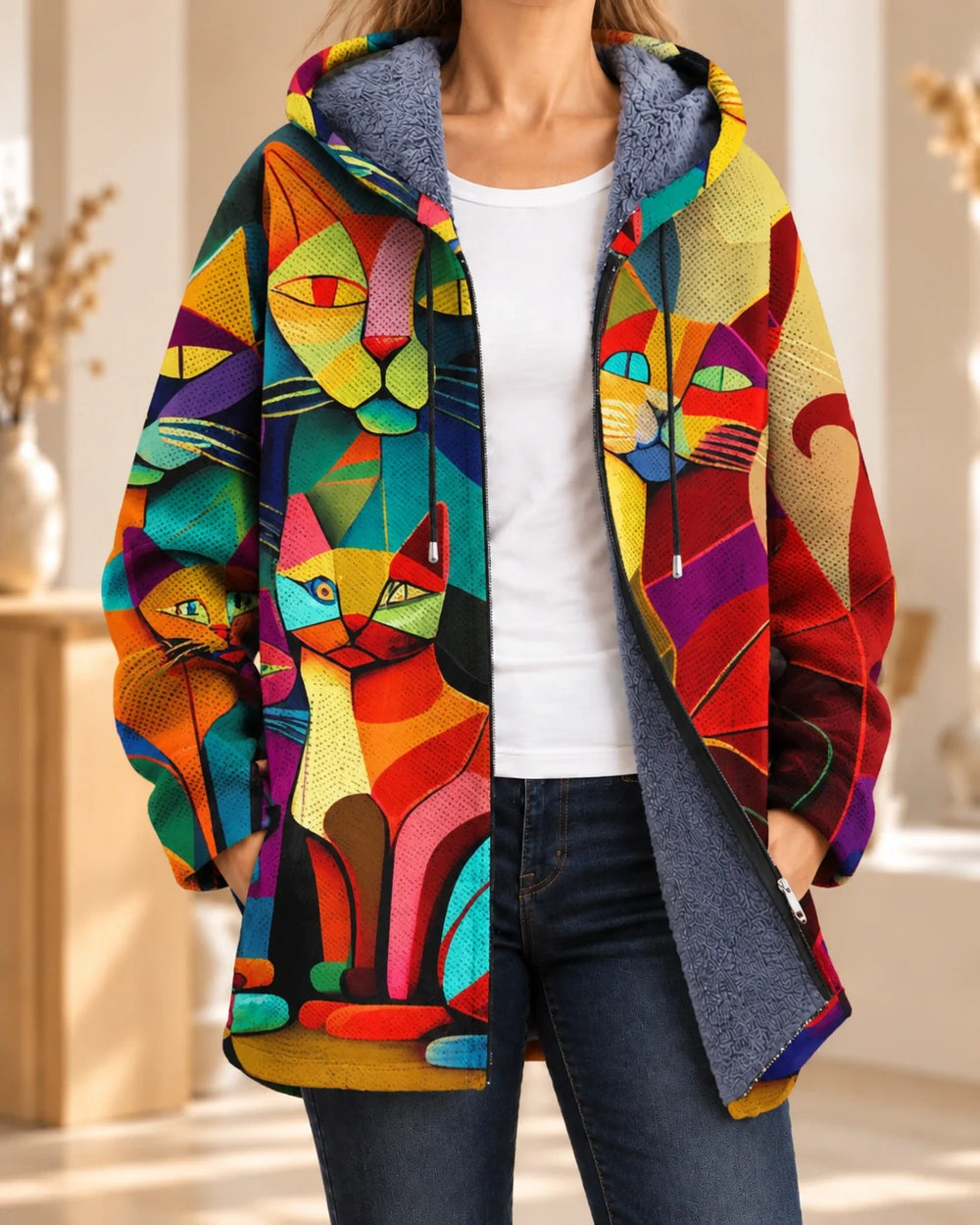 Rafferty | Cardigan à capuche artistique – Multicolore avec des chats – photo portée 02