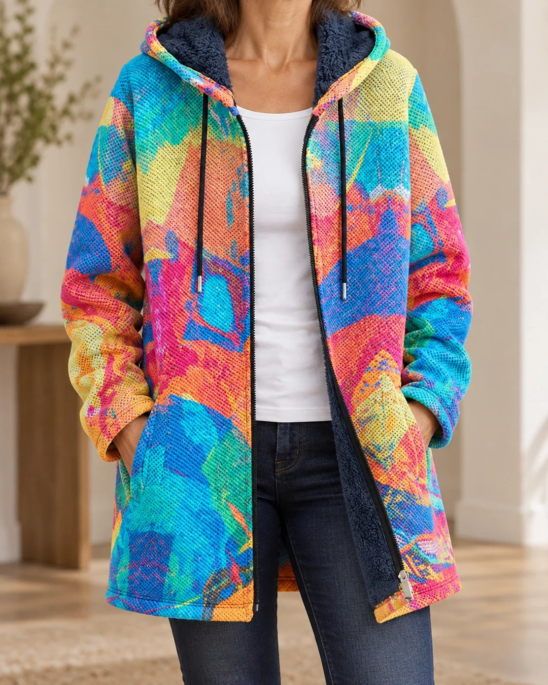 Roland | Cardigan à capuche artistique – Imprimé Arc-en-ciel – photo portée 01