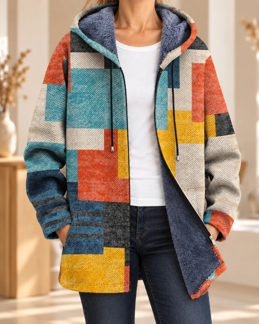 Rosalind | Cardigan à capuche artistique – Multi-Couleur Bleu – photo portée 01