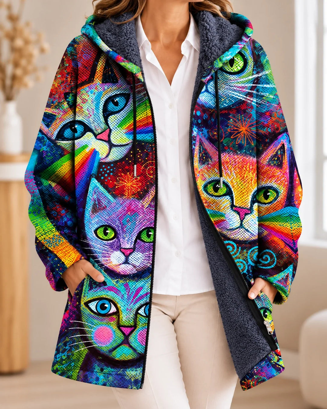 Rowland | Cardigan à capuche artistique – Imprimé Arc-en-Ciel – photo portée 01