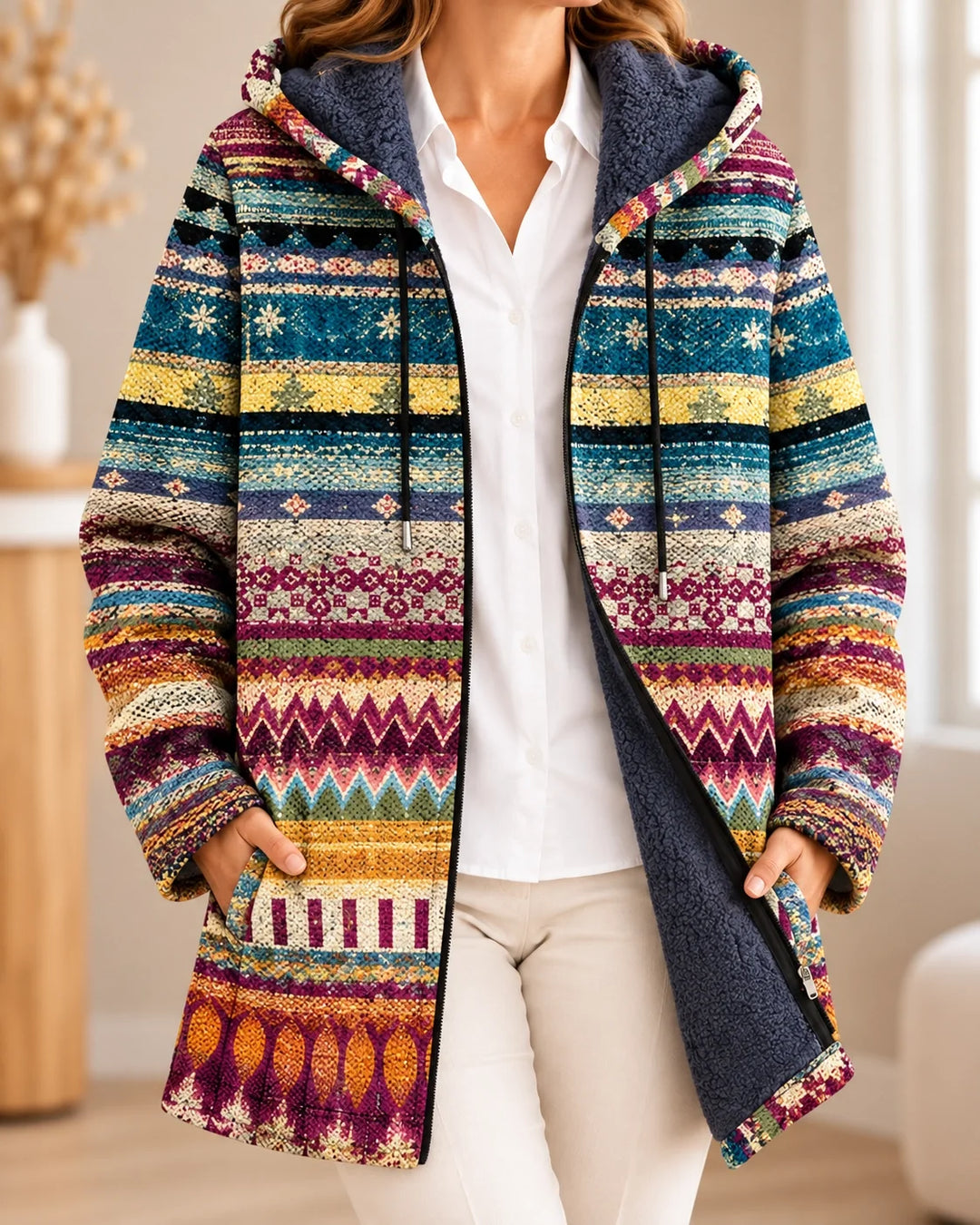 Souci | Cardigan à capuche artistique – Multicolore/Jaune – photo portée 01