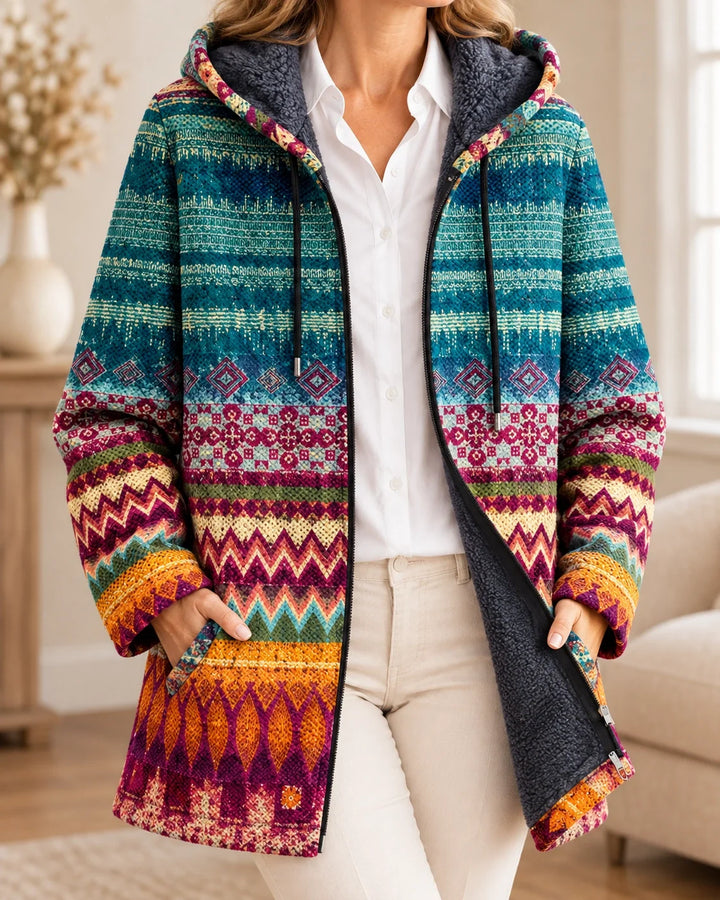 Tallulah | Cardigan à capuche artistique – Imprimé Sarcelle & Magenta – photo portée 01