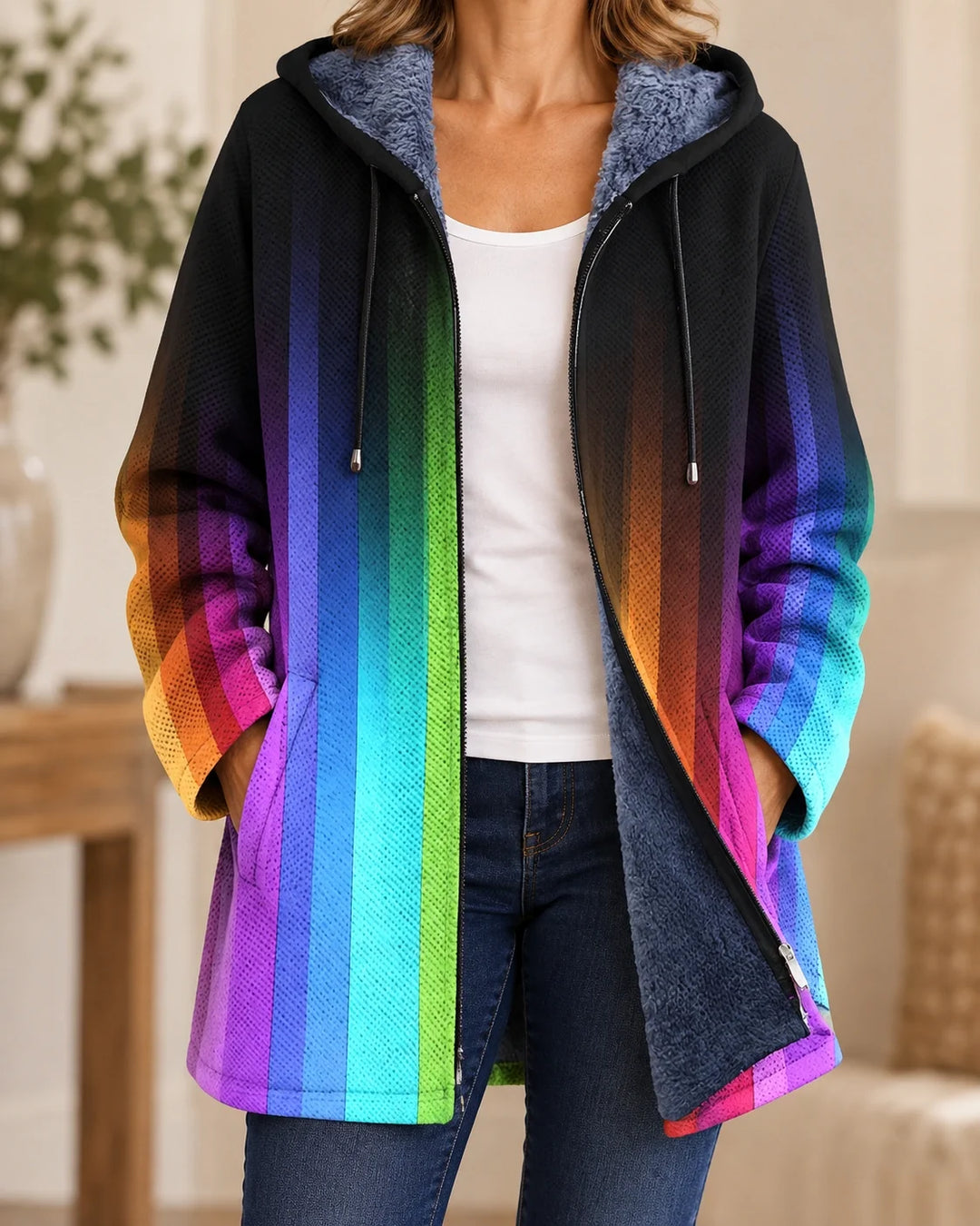 Tobias | Cardigan à capuche artistique – Imprimé Arc-en-Ciel – photo portée 01