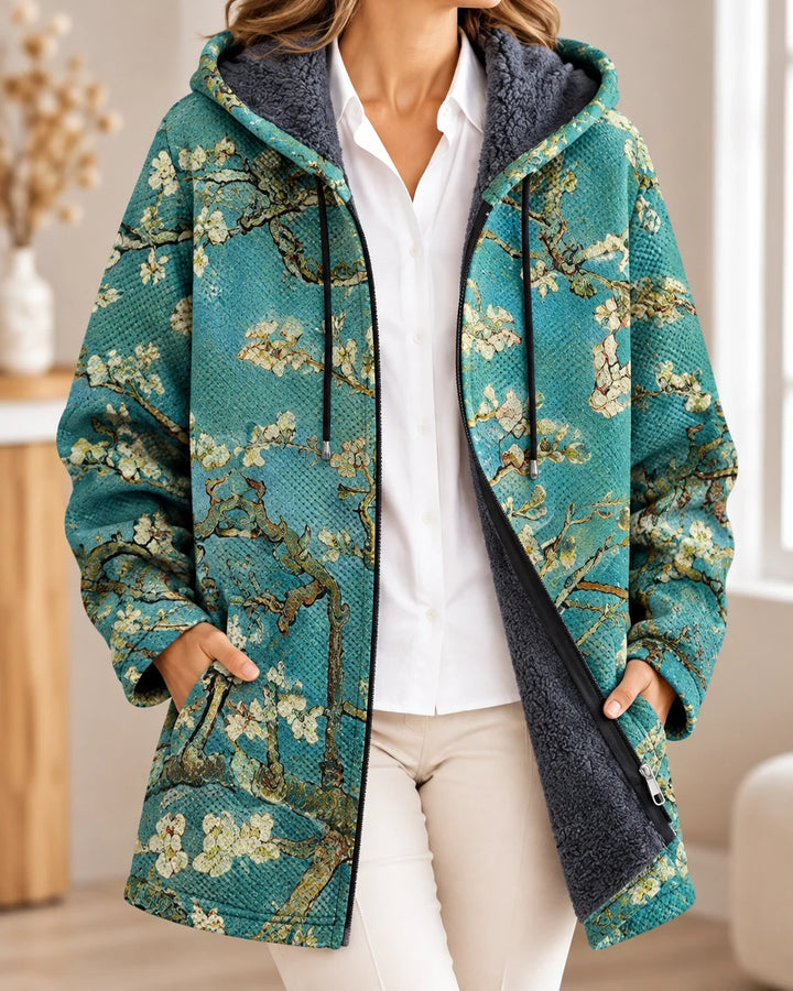Vincent | Cardigan à capuche artistique – Imprimé Turquoise & Or – photo portée 01