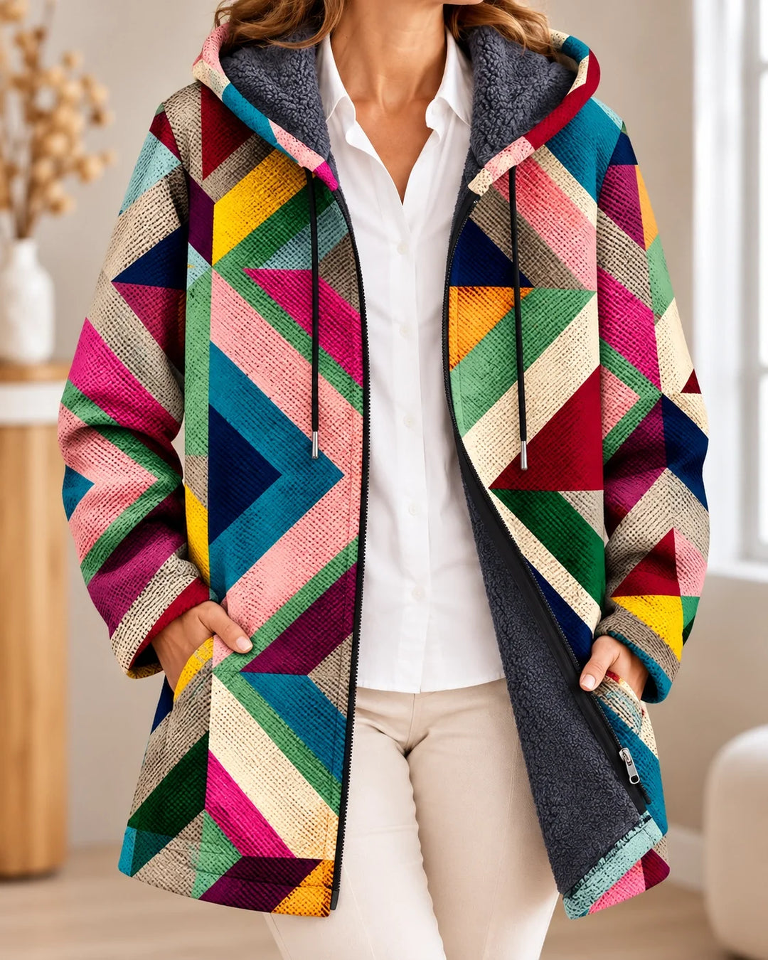 Vivienne | Cardigan à capuche artistique – Multicolore – photo portée 01