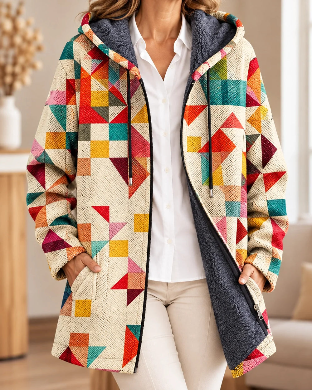 Vivienne | Cardigan à capuche artistique – Multicolore 2 – photo portée 01