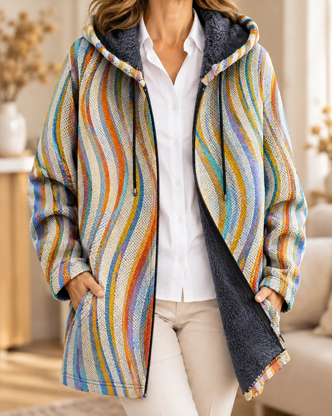 Warren | Cardigan à capuche artistique – Imprimé Multi – photo portée 01