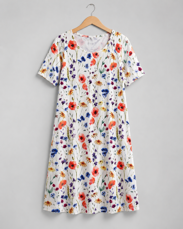Détails de la robe Georgina florale rouge avec encolure, plis et poches