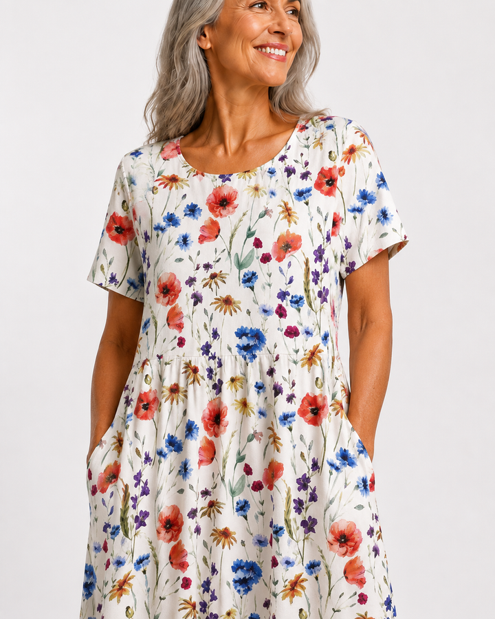 Robe Georgina à imprimé floral rouge portée en mouvement