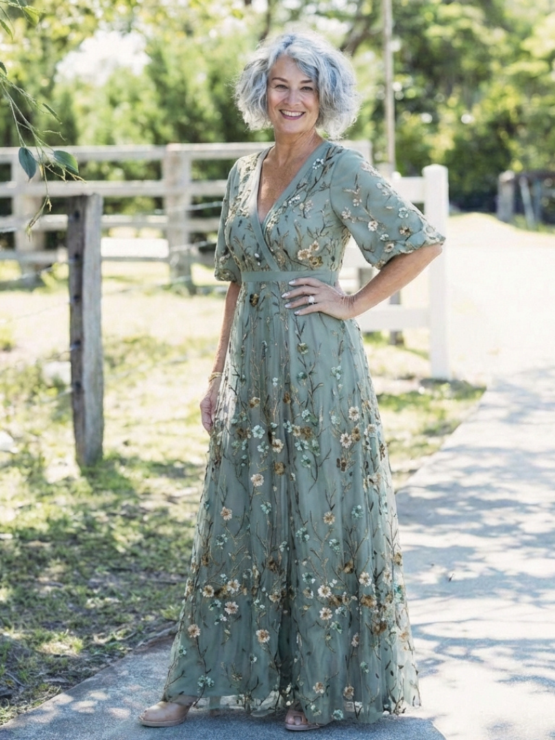 Evadne | Robe Maxi à Manches Courtes et Décolleté en V Floral