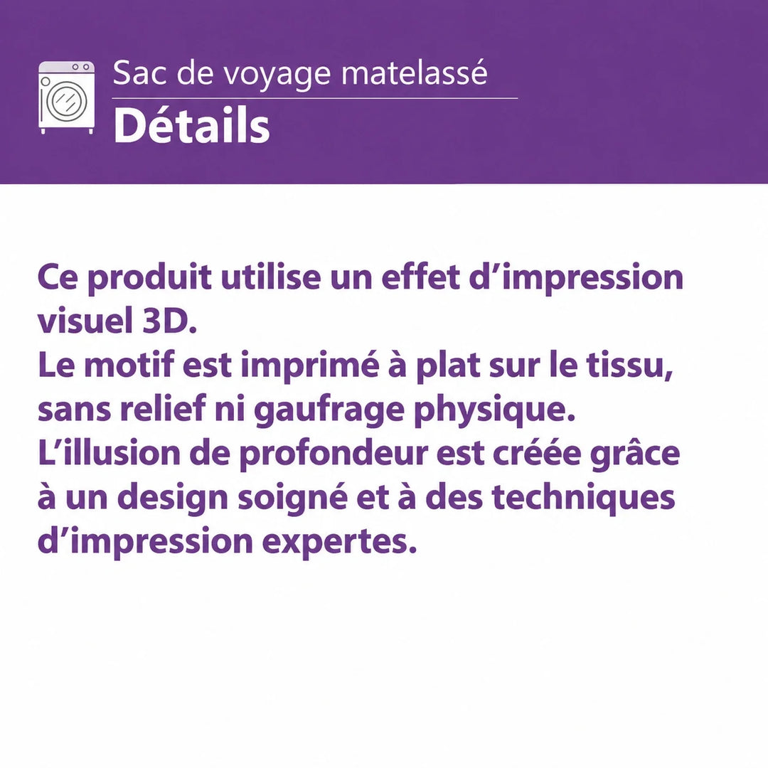 Détails sur l’effet d’impression 3D du sac de voyage matelassé