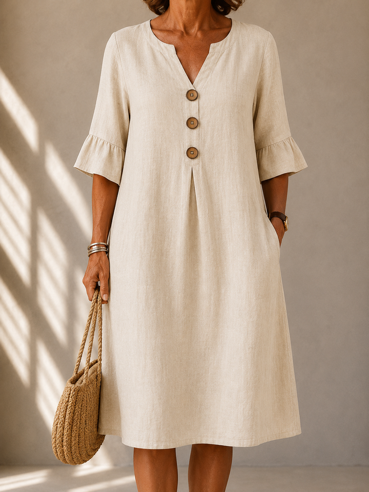 Robe Lina beige en coton et lin à boutons