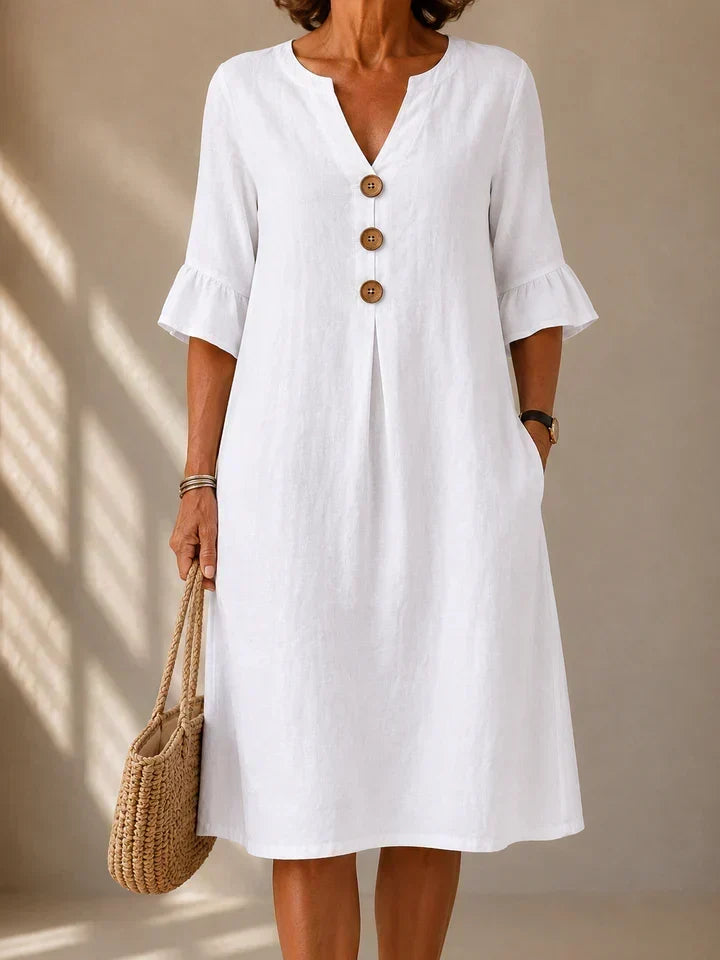Robe Lina blanche en coton et lin à boutons