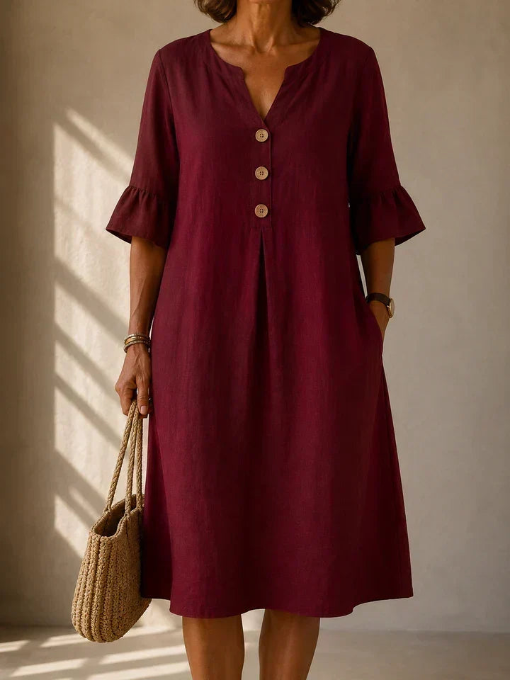 Robe Lina bordeaux en coton et lin à boutons