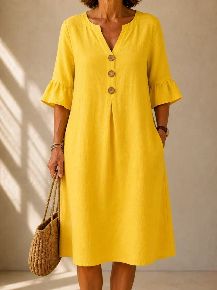 Robe Lina jaune en coton et lin à boutons