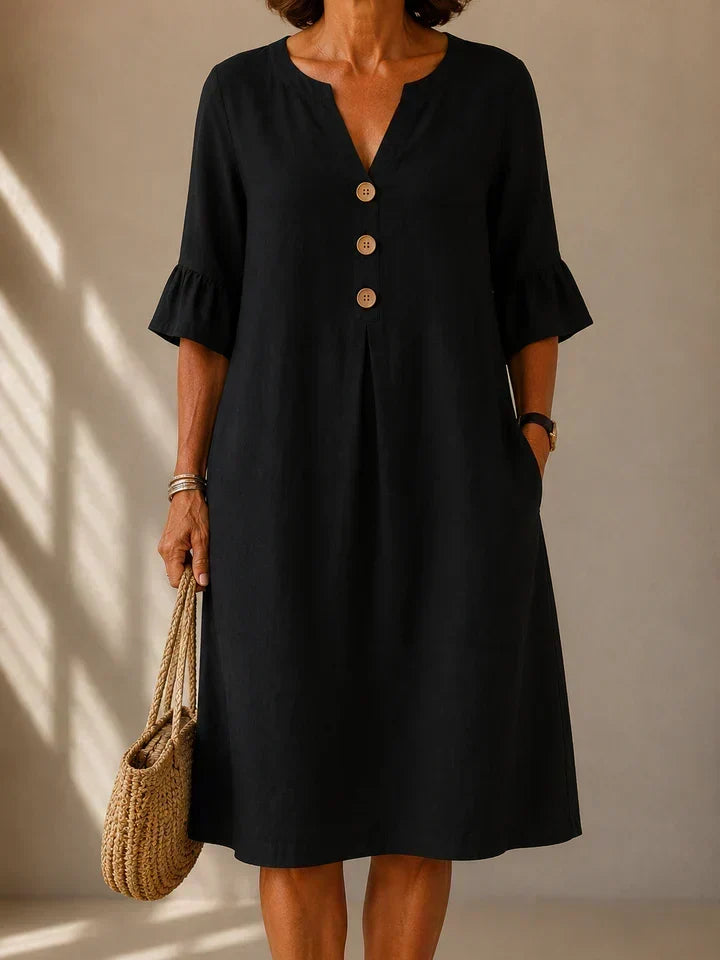 Robe Lina noire en coton et lin à boutons