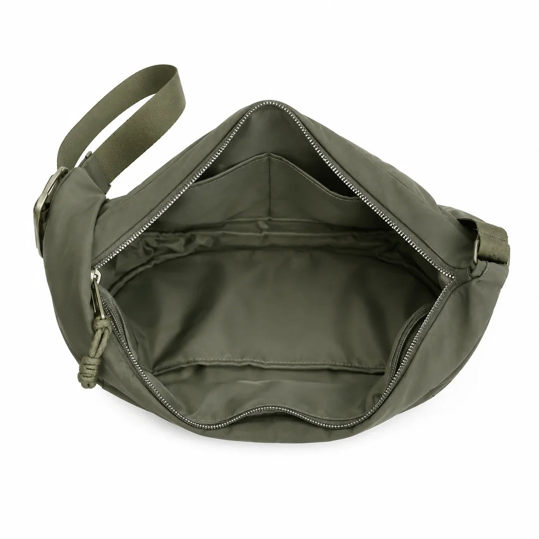 Sac à bandoulière vert olive – vue intérieure et compartiments